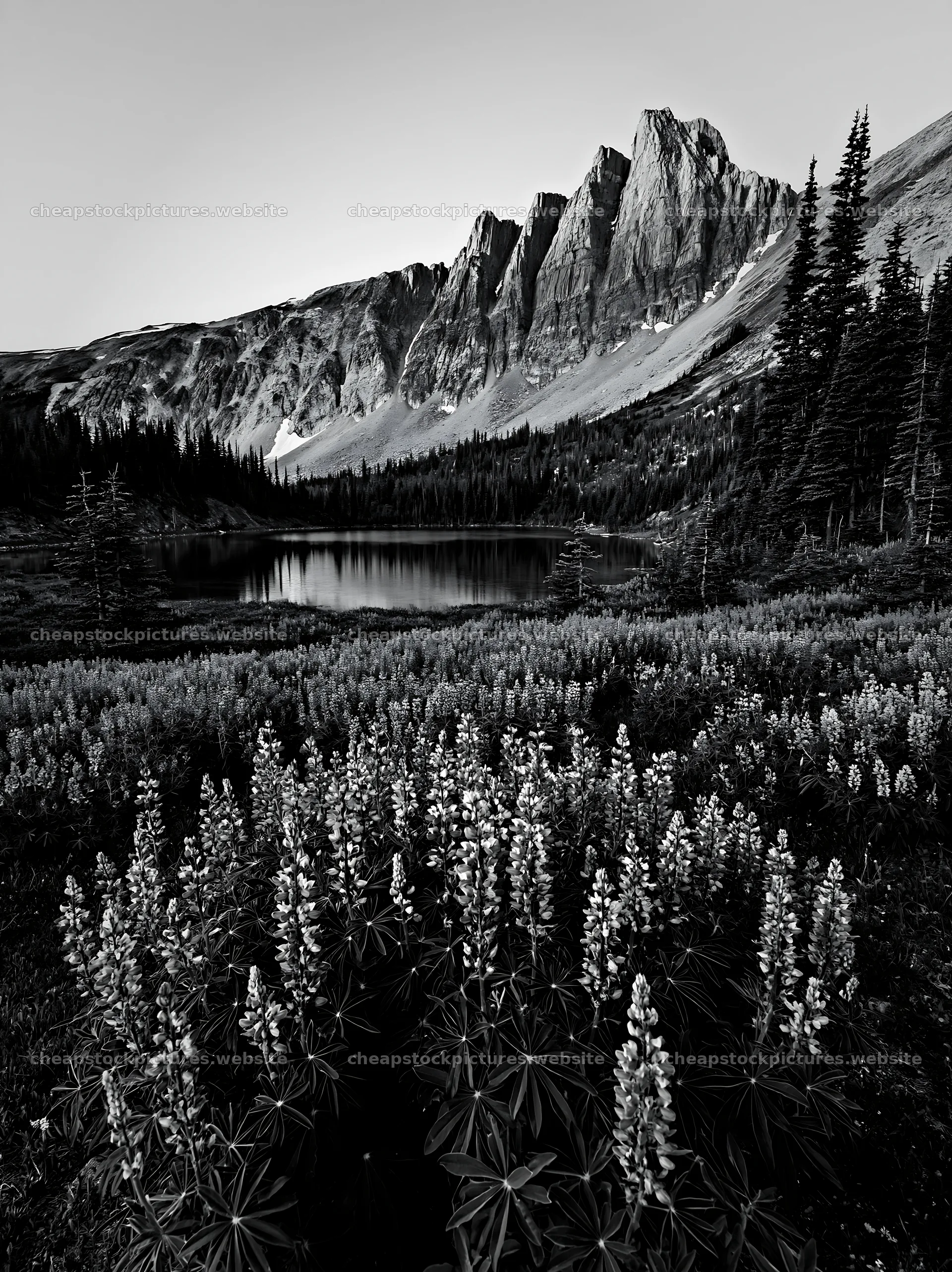Colorful lupine meadow in front of mountains and a lake