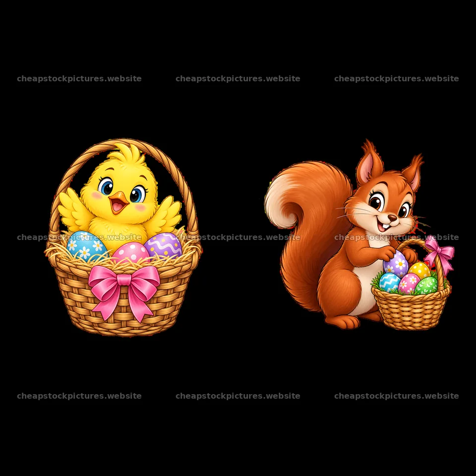 Easter basket with chick and squirrel holding colorful eggs – stock pictures 7746x7746