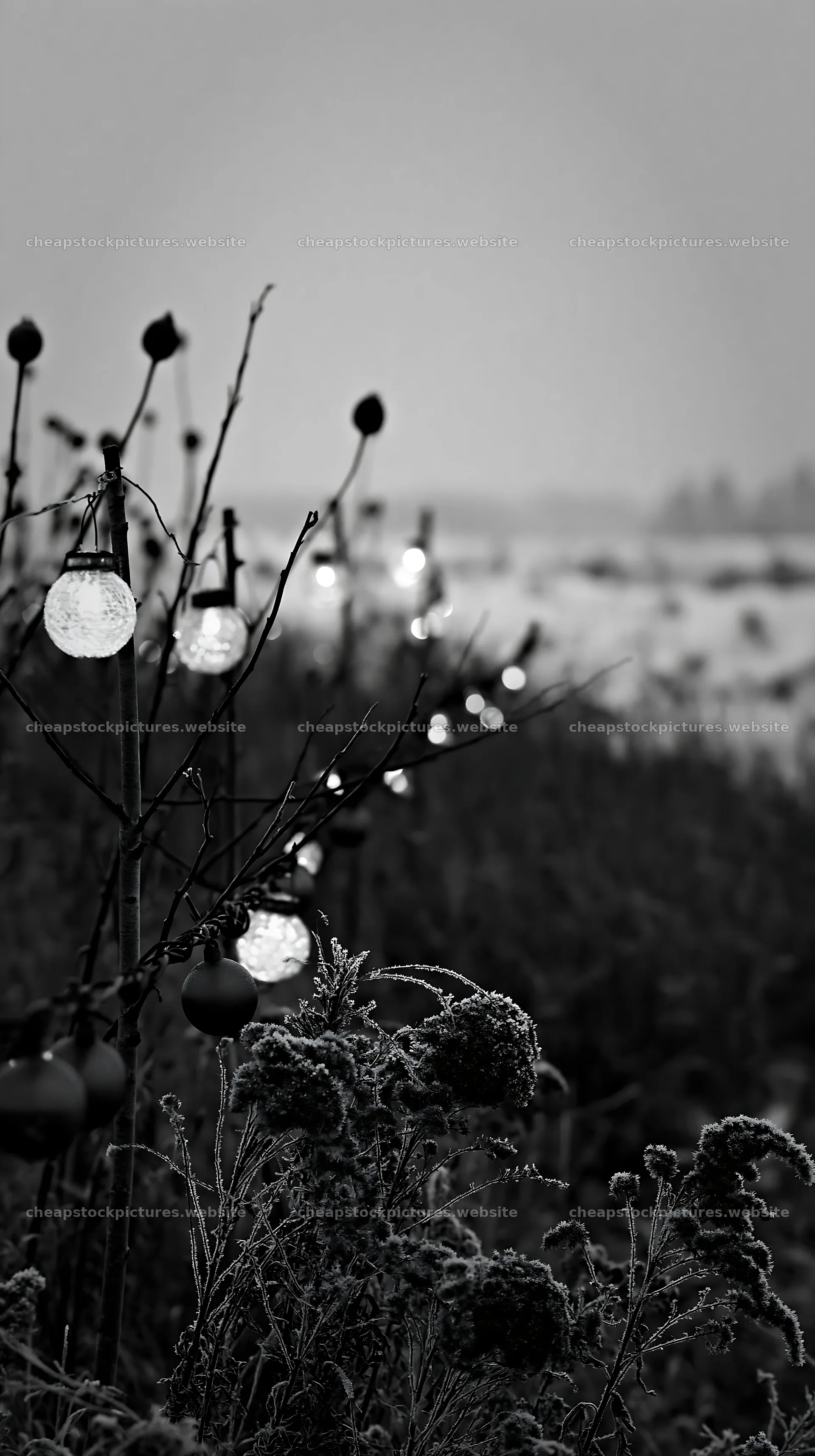 Frosty meadow with lanterns and seedheads at Christmas time – stock pictures 5938x10608