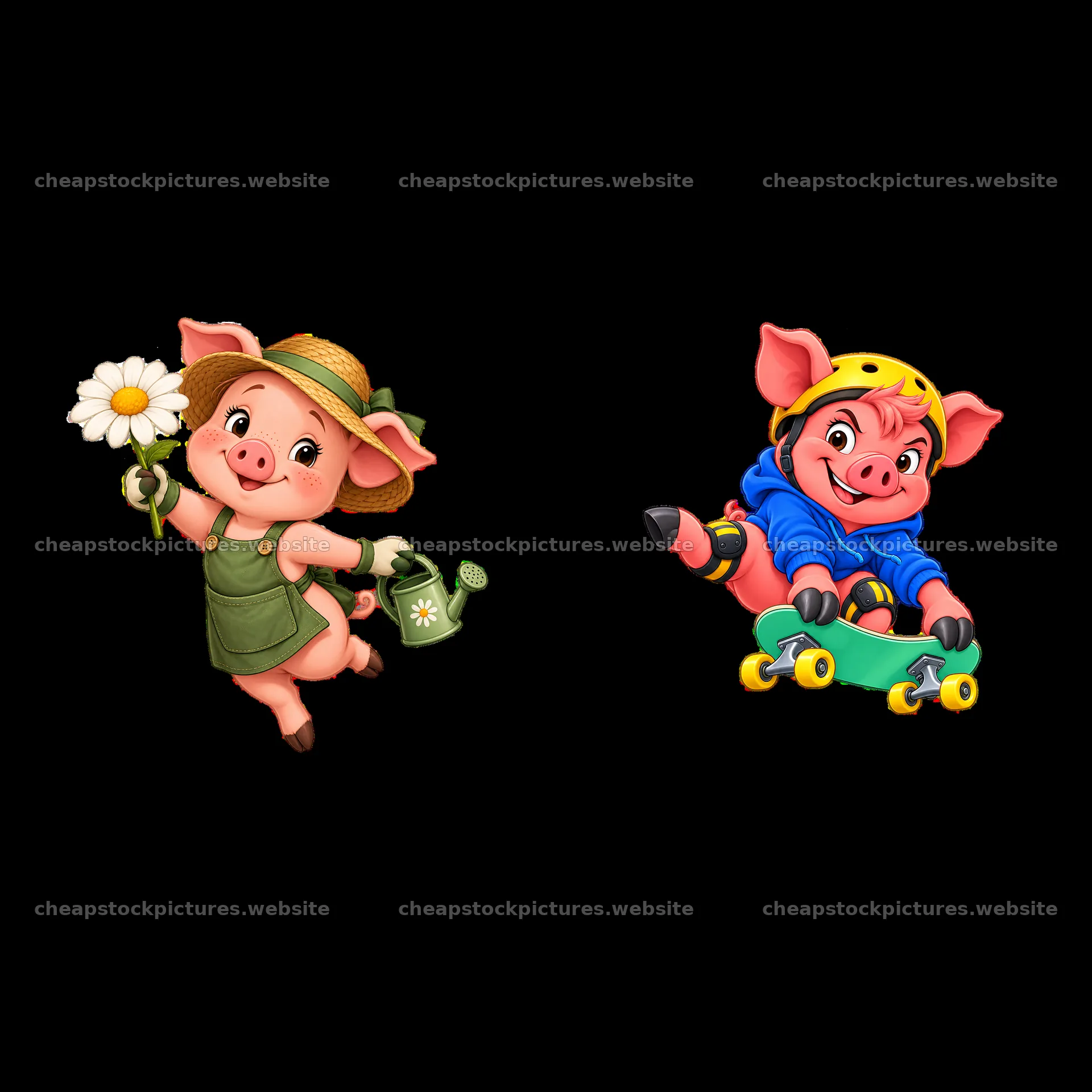 Cute pig characters with a watering can and skateboard – stock pictures 7746x7746