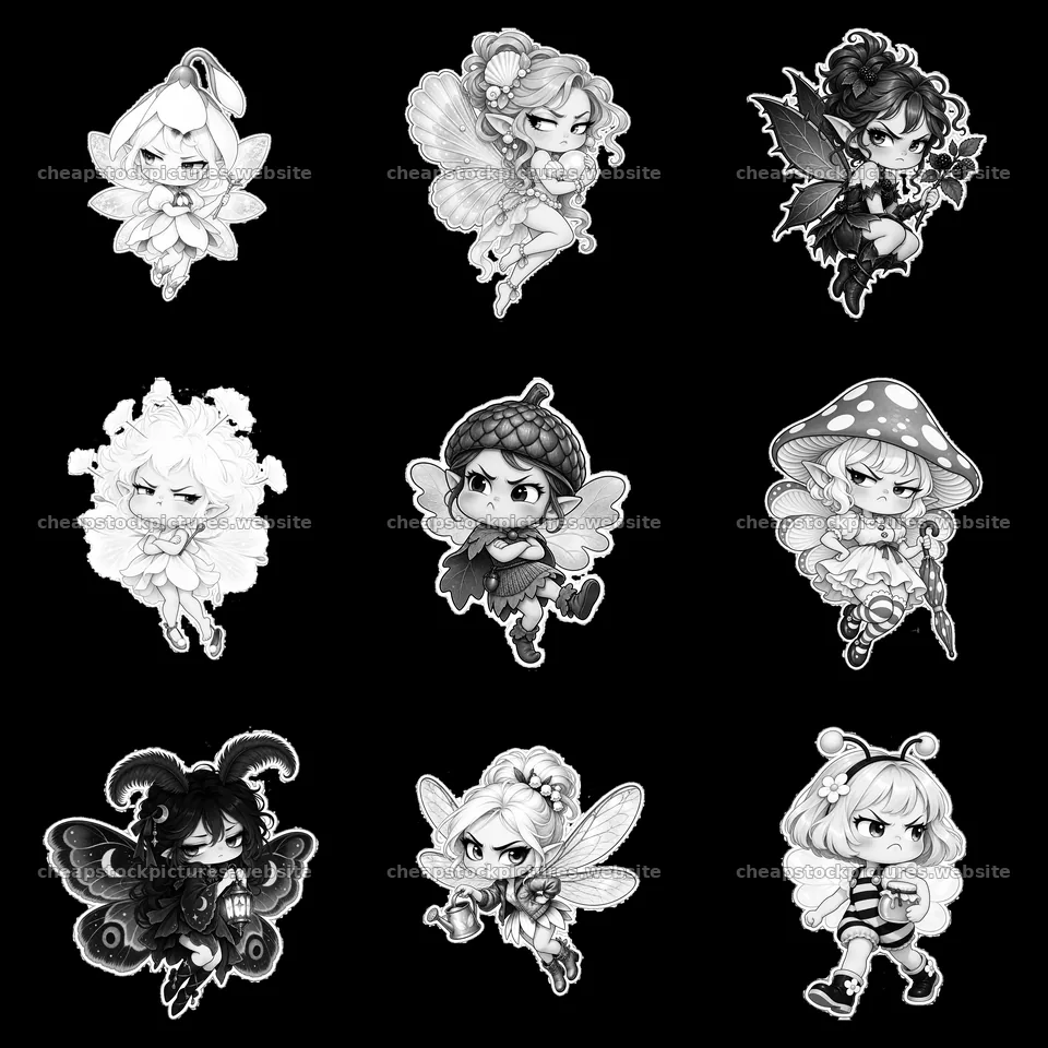 Kawaii grumpy fairies in a 3x3 monochrome sticker layout – stock pictures 7746x7746