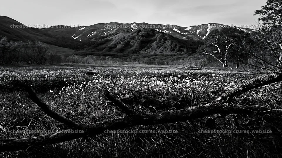 Yamagata rewilded meadow with fallen branch in the foreground – stock pictures 10608x5938