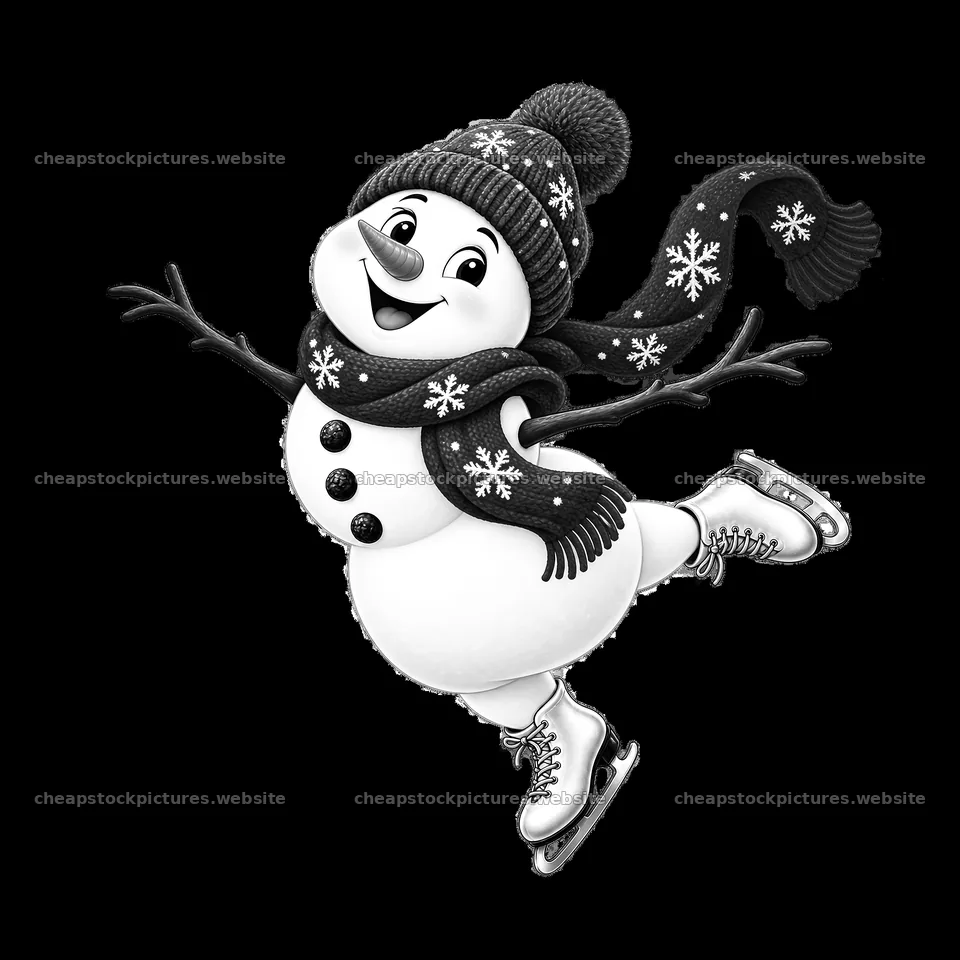 Snowman ice skating in holiday attire with snowflakes – stock pictures 7746x7746