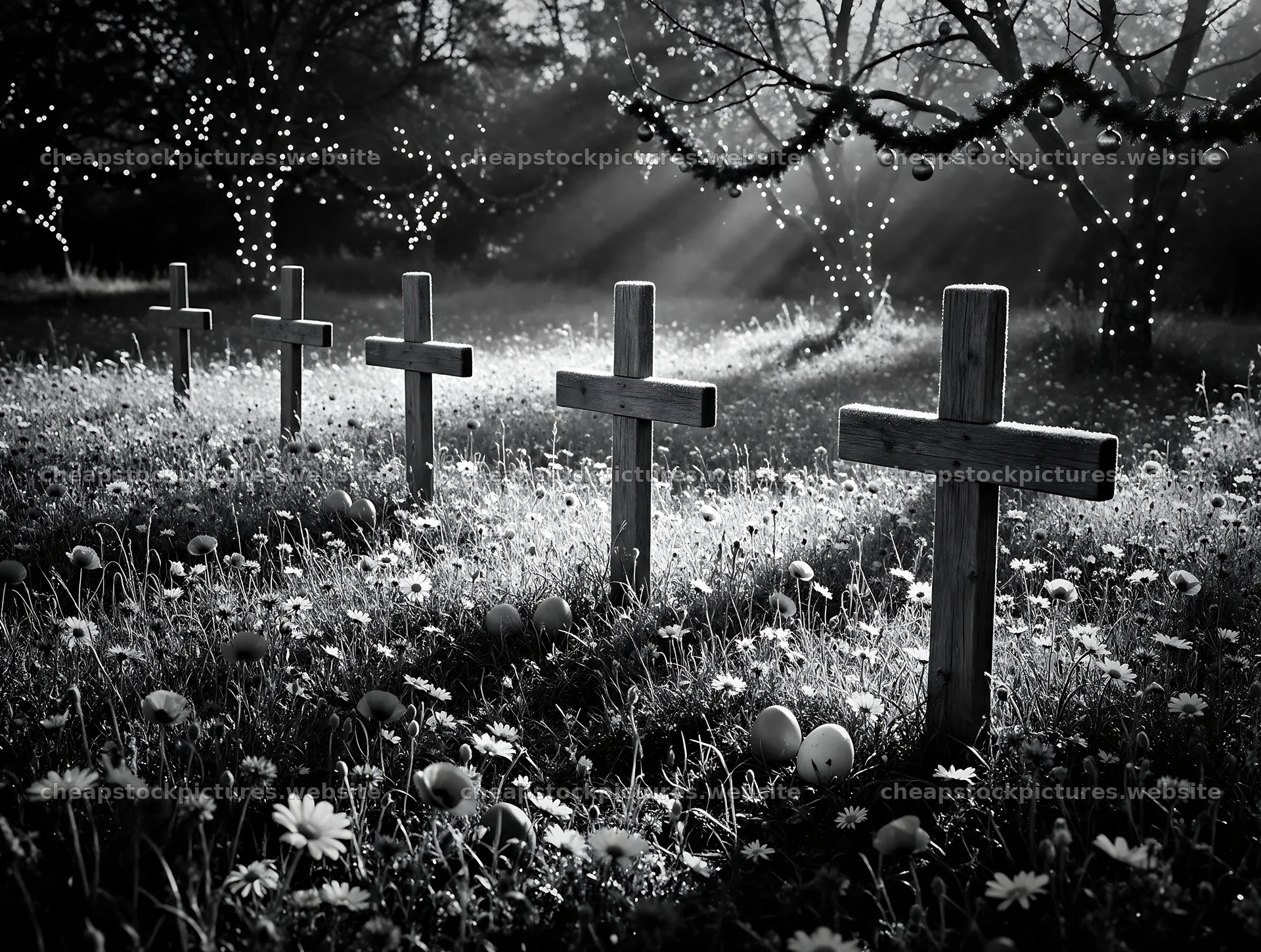 Christian crosses in meadow with sunlight and trees – stock pictures 9134x6898