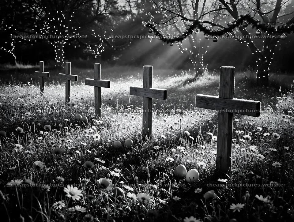 Christian crosses in meadow with sunlight and trees – stock pictures 9134x6898
