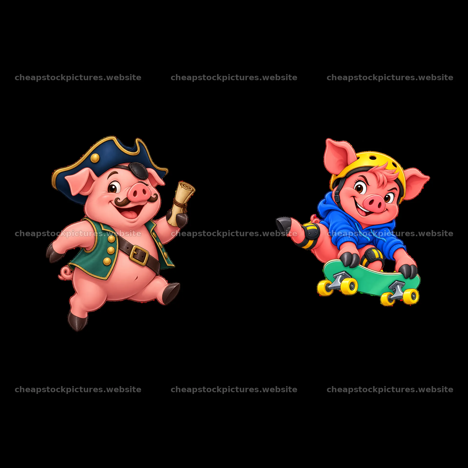 Pig characters in playful pirate and skateboard poses – stock pictures 7746x7746