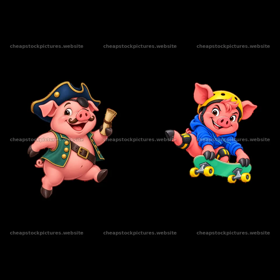Pig characters in playful pirate and skateboard poses – stock pictures 7746x7746