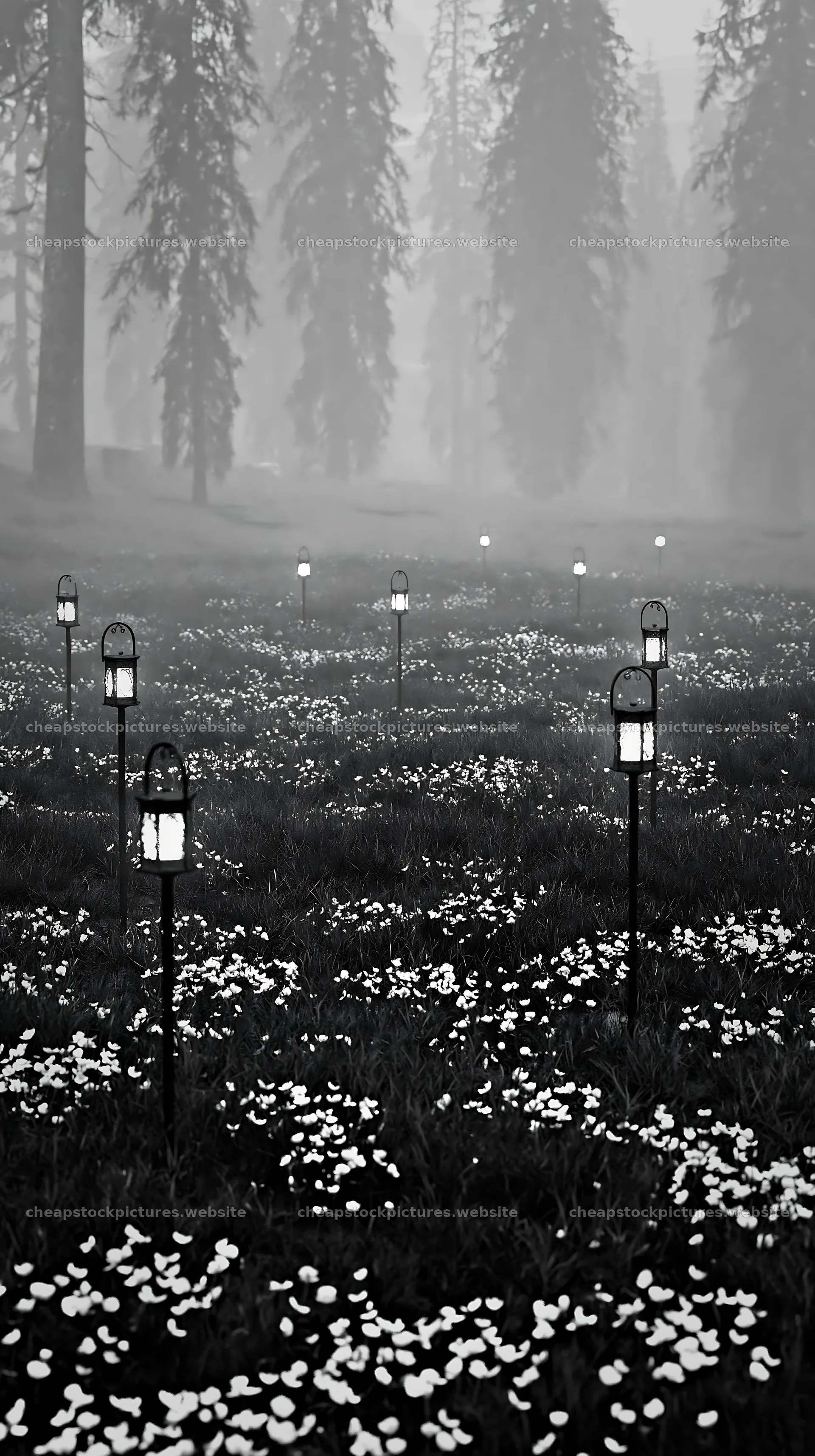 Expansive Christmas meadow with lanterns above a forest – stock pictures 5938x10608
