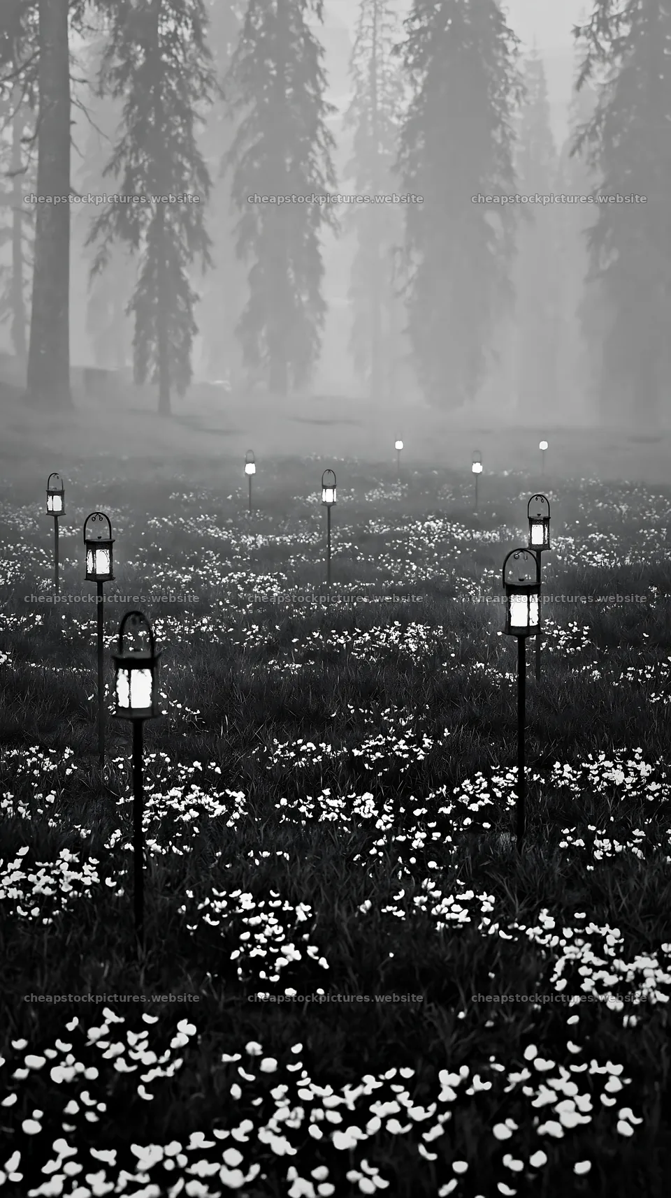Expansive Christmas meadow with lanterns above a forest – stock pictures 5938x10608