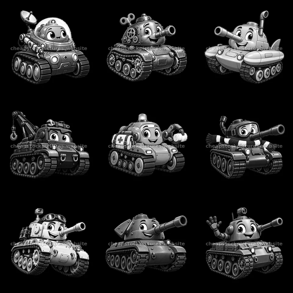 Cartoon tanks with cheerful expressions in a grid layout – stock pictures 7746x7746