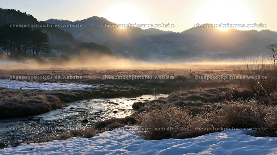 Akita winter meadow with snow and silver grasses at sunrise – stock pictures 10608x5938