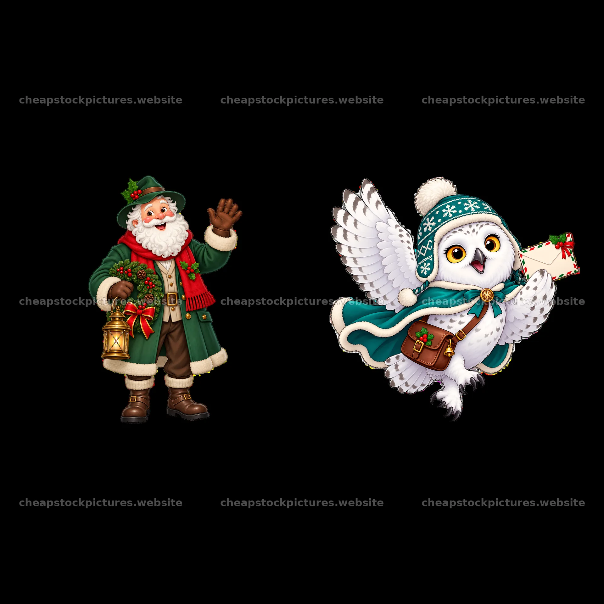 Christmas Santa waving with owl carrying letter sticker pair – stock pictures 7746x7746