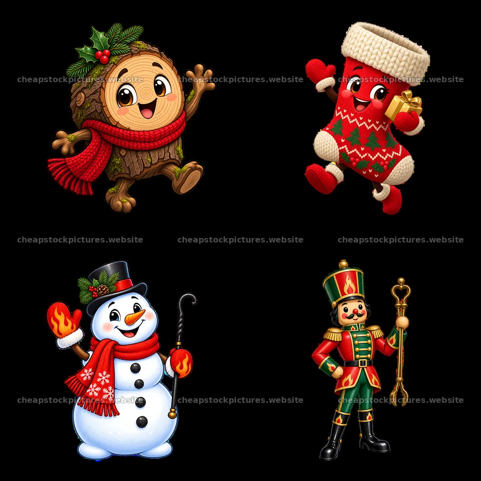 Cheerful Christmas characters with festive decorations – stock pictures 7746x7746