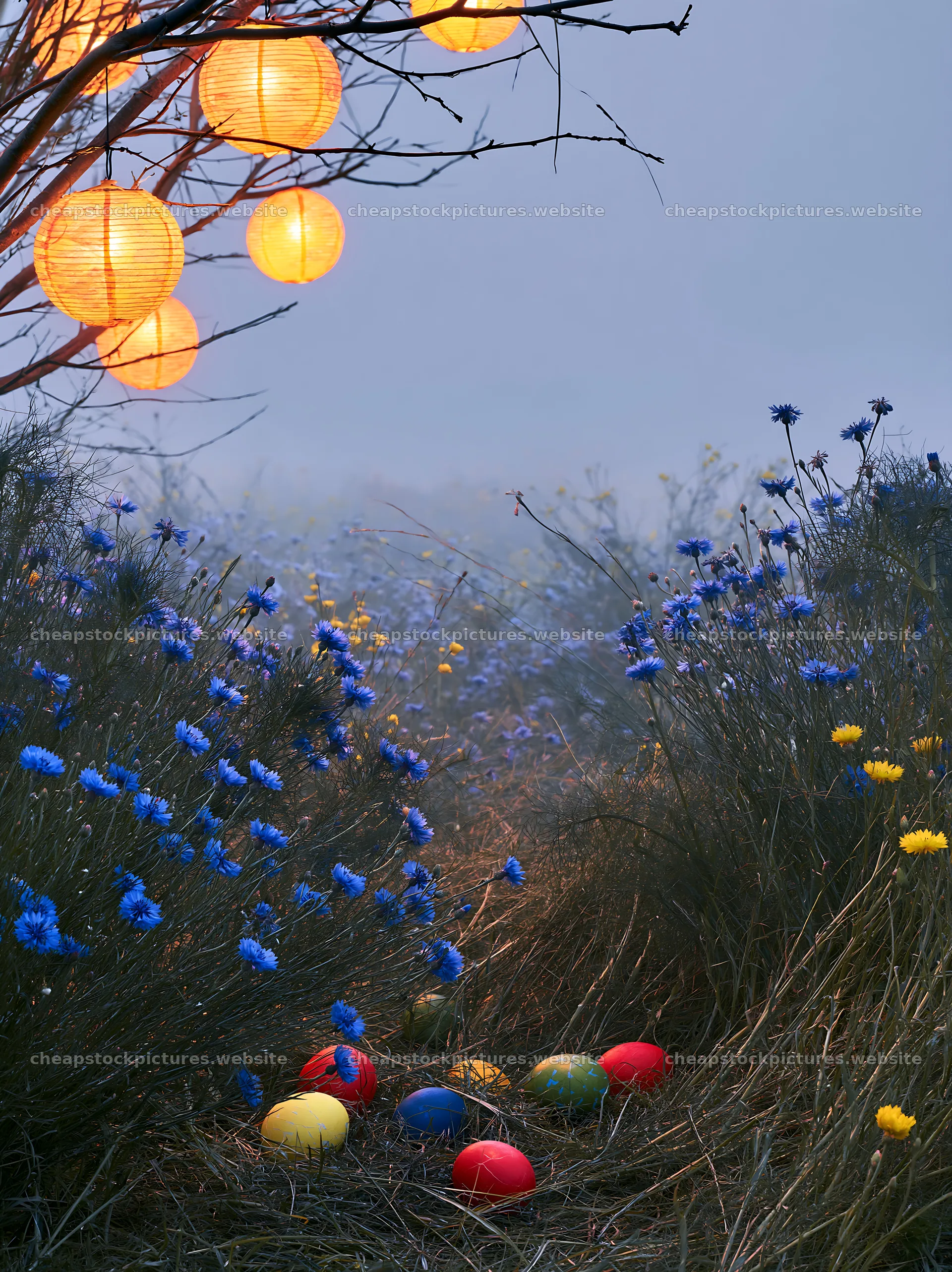 Expansive meadow with blue cornflowers and lanterns – stock pictures 6866x9174