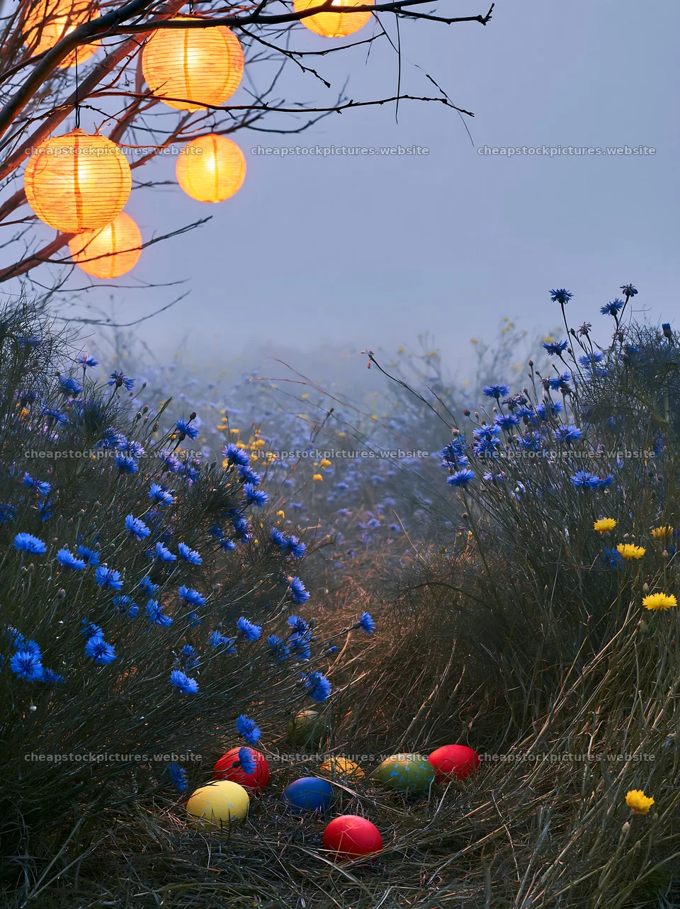 Expansive meadow with blue cornflowers and lanterns – stock pictures 6866x9174