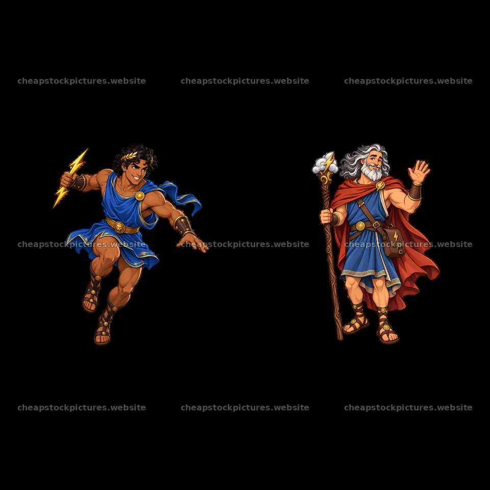 Zeus and Hermes cartoon stickers in a dynamic pose – stock pictures 7746x7746