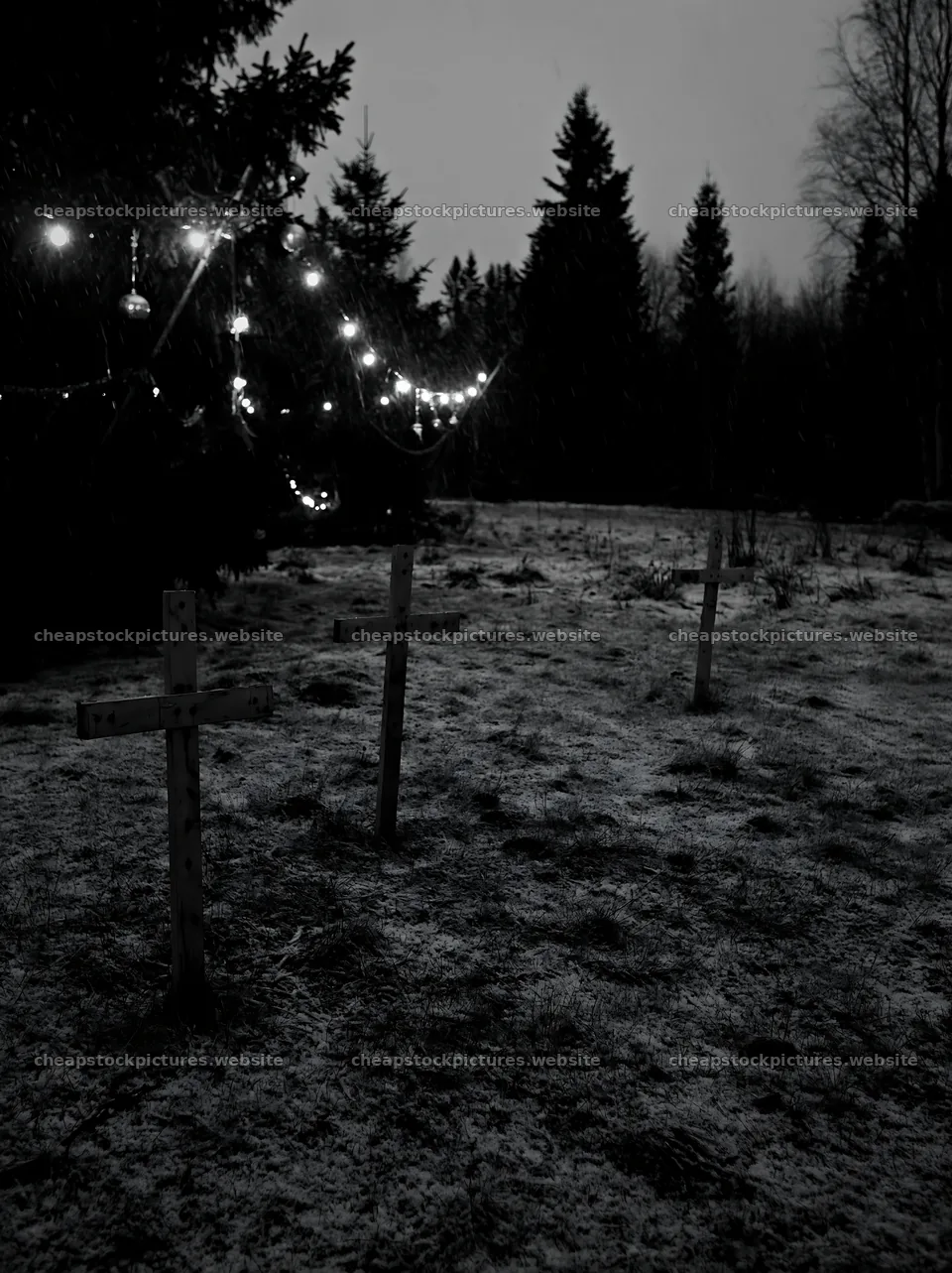 Multiple Christian crosses in snowy meadow during winter evening – stock pictures 6866x9174