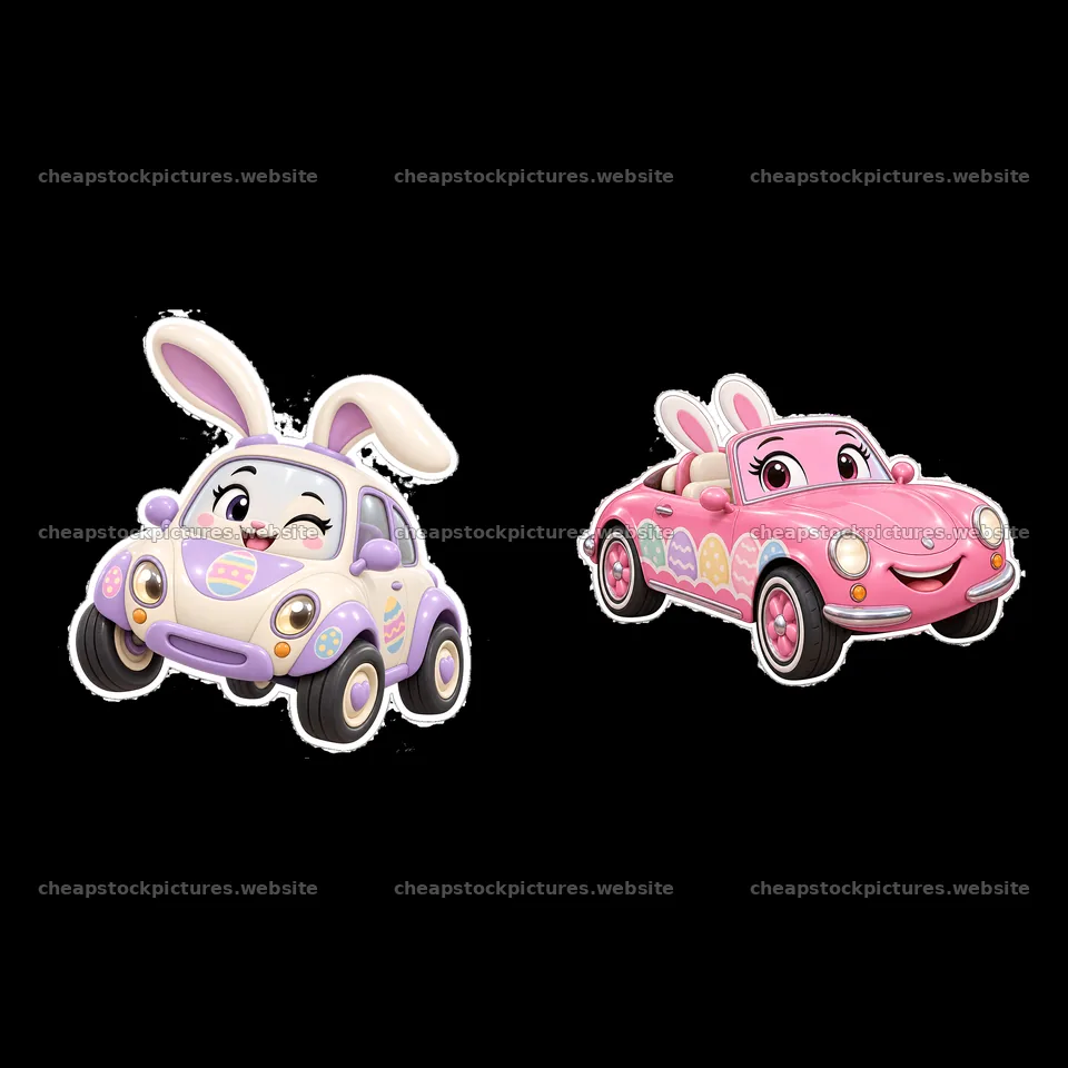 Cartoon bunny characters driving colorful Easter cars – stock pictures 7746x7746