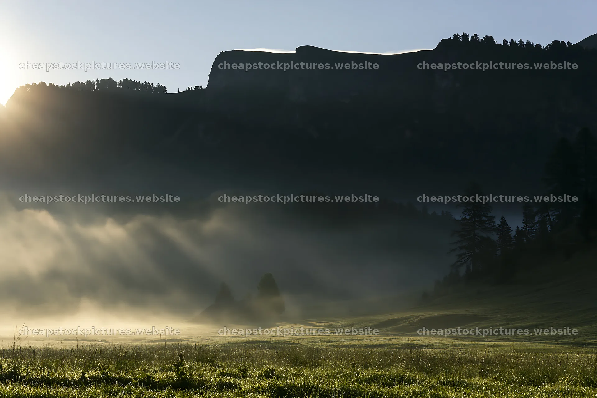 Sunbeams over Alpe di Siusi meadow at sunrise – stock pictures 9722x6480