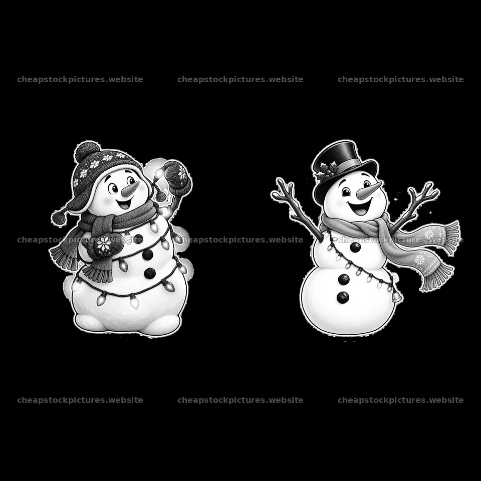 Snowman with string lights and festive accessories in black and – stock pictures 7746x7746