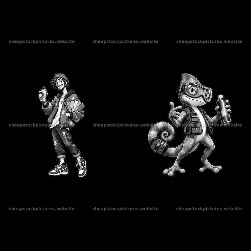 Cartoon illustration of graffiti artist and chameleon sprayer – stock pictures 7746x7746