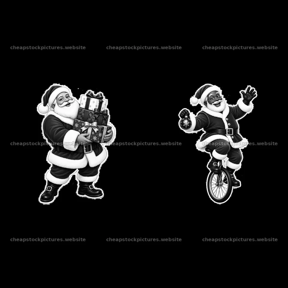 Santa Claus delivering gifts and riding a unicycle in black and – stock pictures 7746x7746