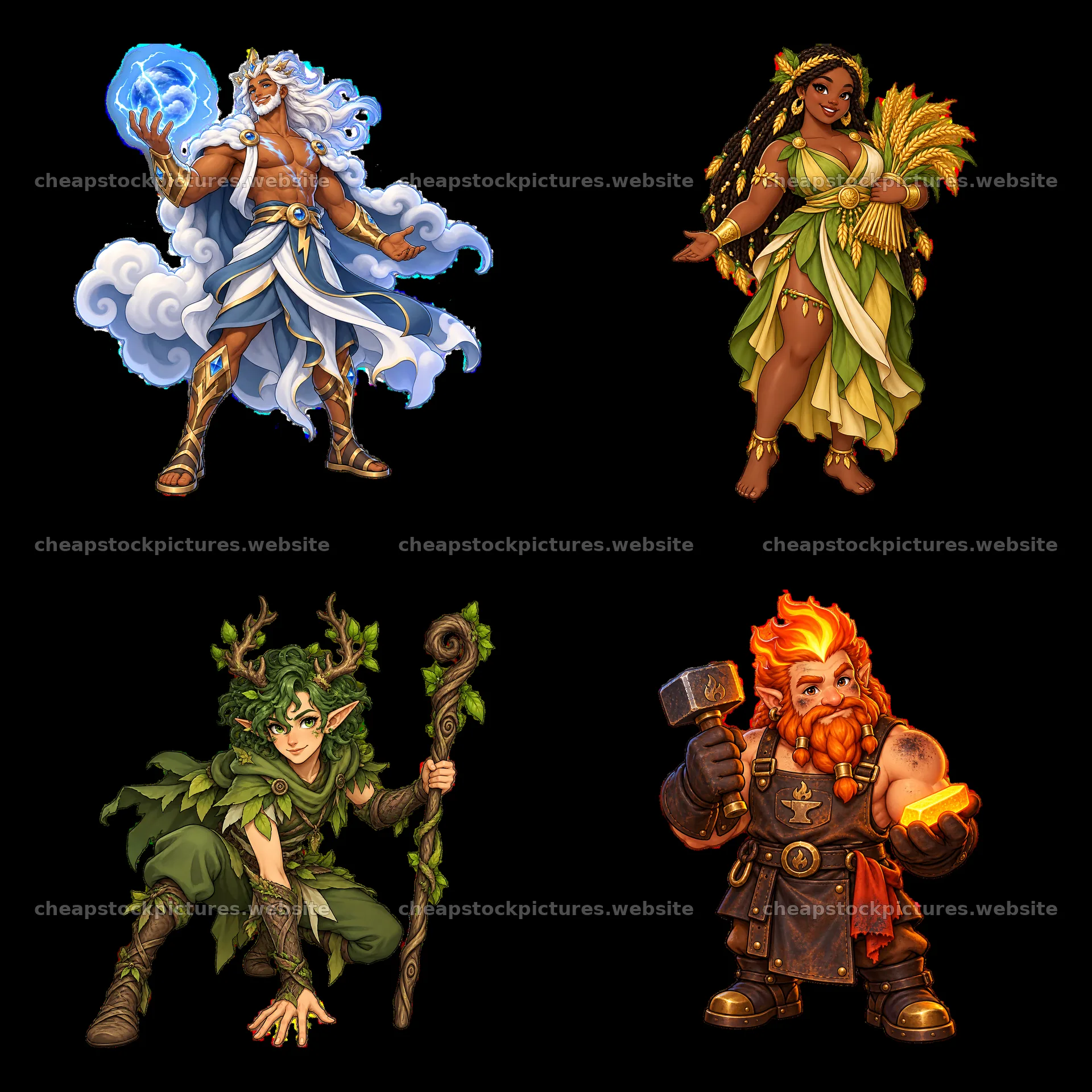 Pagan gods in action with natural elements and distinct styles – stock pictures 7746x7746