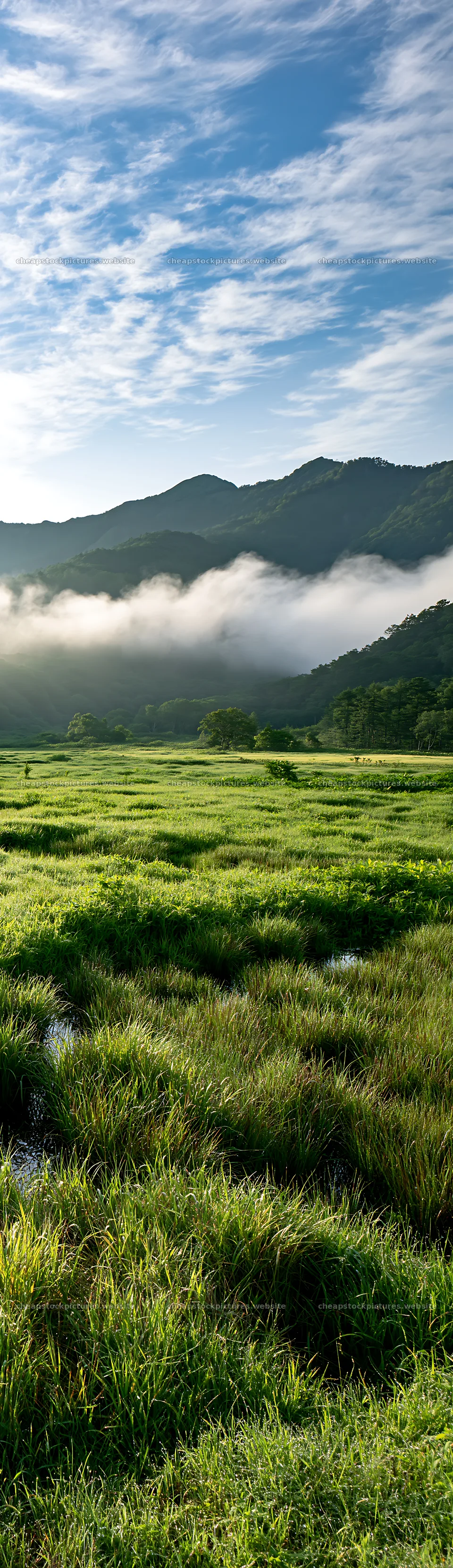 Expansive Hokkaido restoration meadow with dewdrops – stock pictures 4268x14762