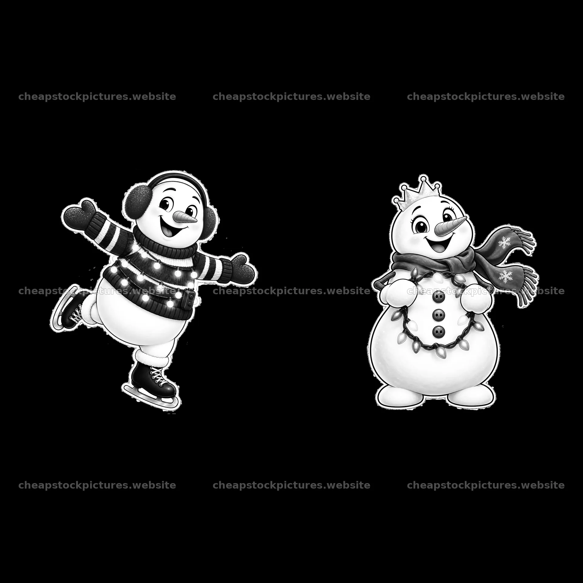 Snowman skating with string lights and snowman wearing a crown – stock pictures 7746x7746