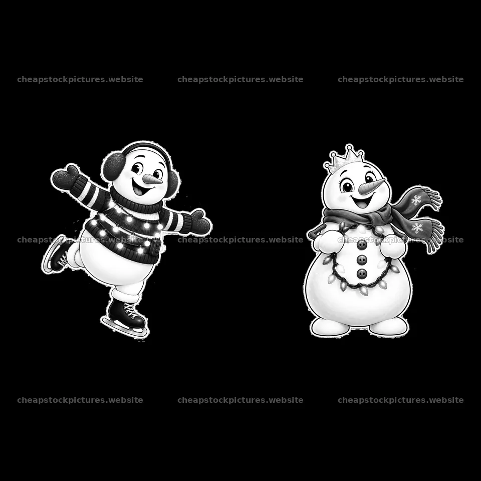 Snowman skating with string lights and snowman wearing a crown – stock pictures 7746x7746
