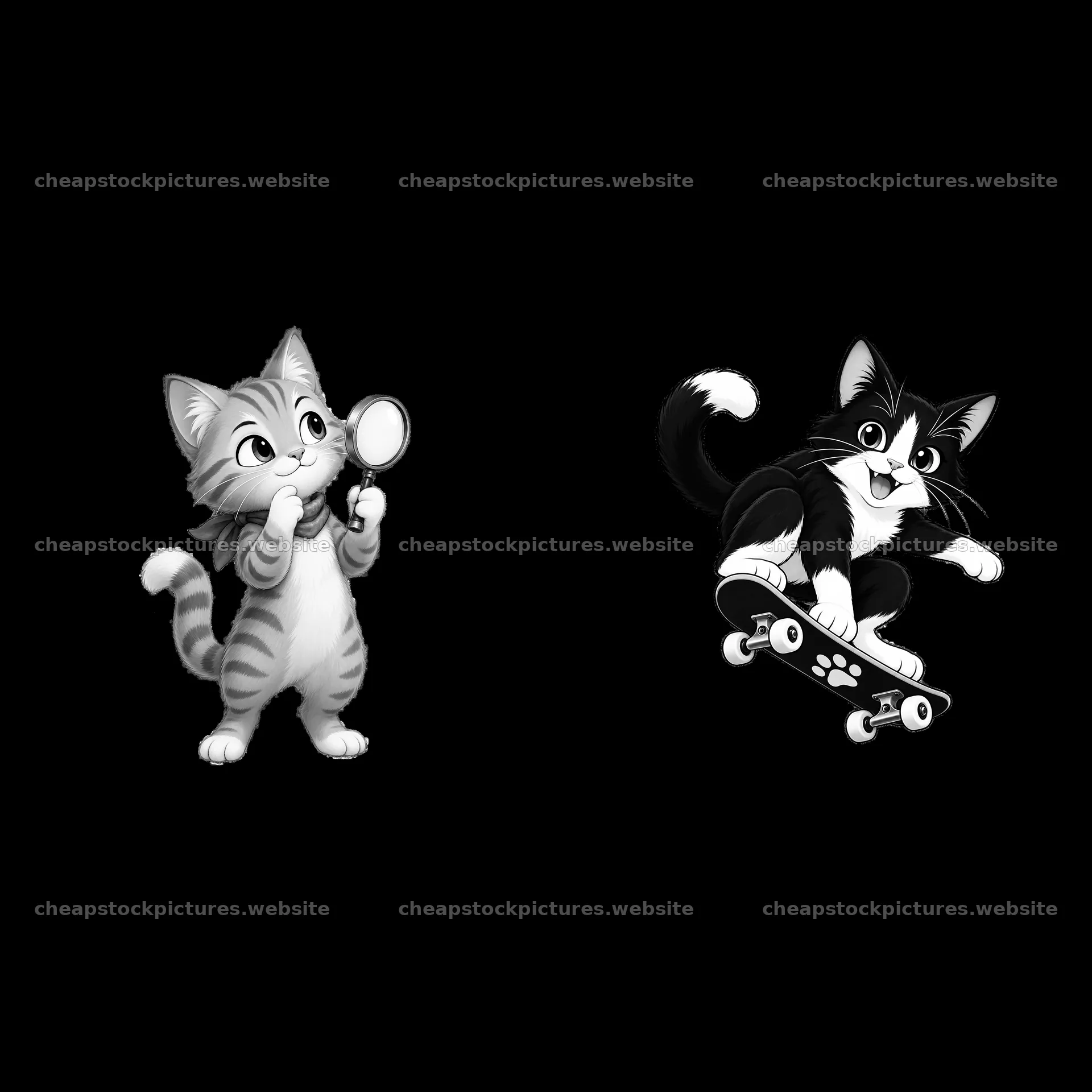 One cat holds a magnifying glass while the other rides a skateboard – stock pictures 7746x7746