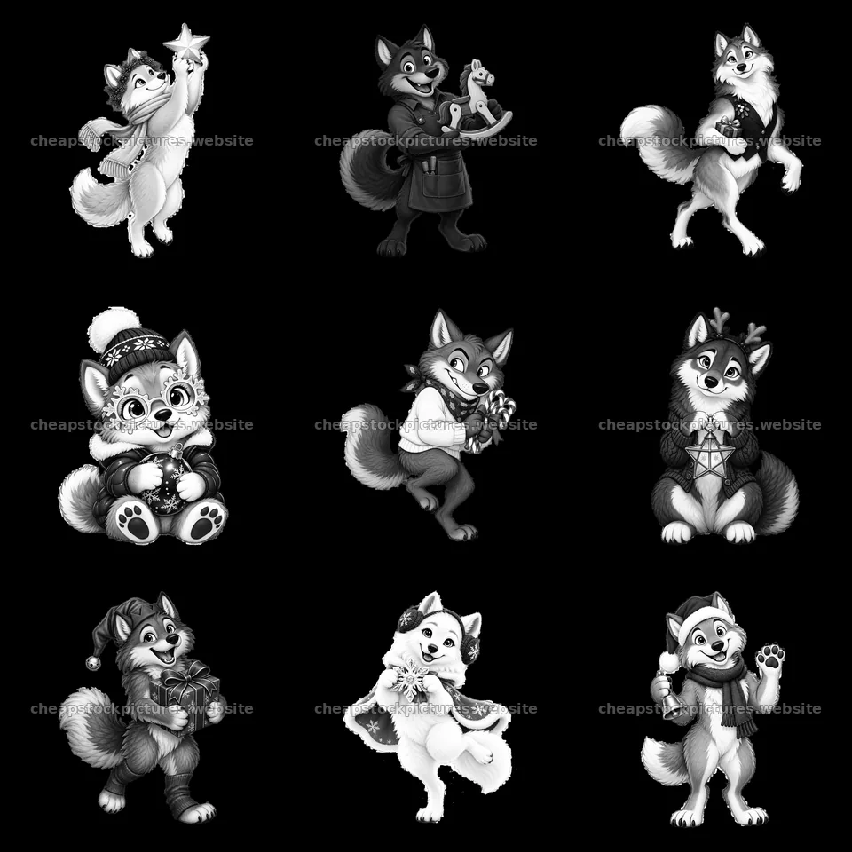 Christmas wolves celebrating the holiday in black-and-white – stock pictures 7746x7746