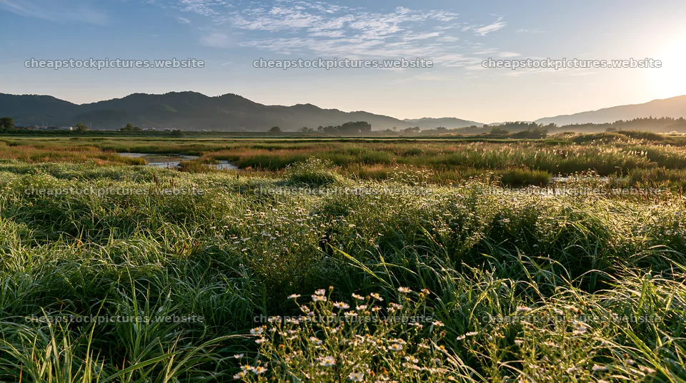 Niigata floodplain restoration meadow dew foreground – stock pictures 10608x5938