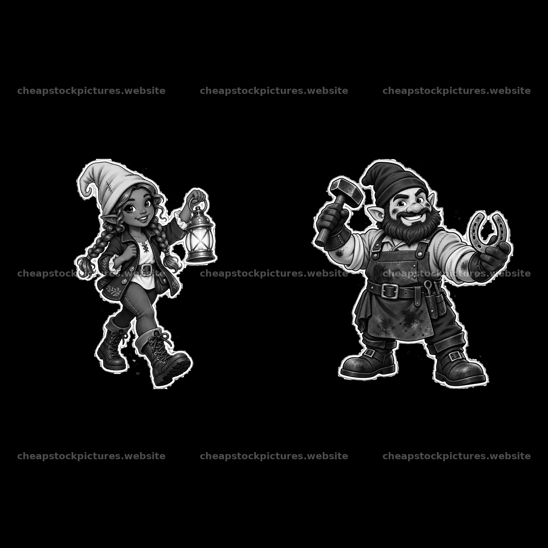 Gnome characters with lantern and tools in black and white – stock pictures 7746x7746