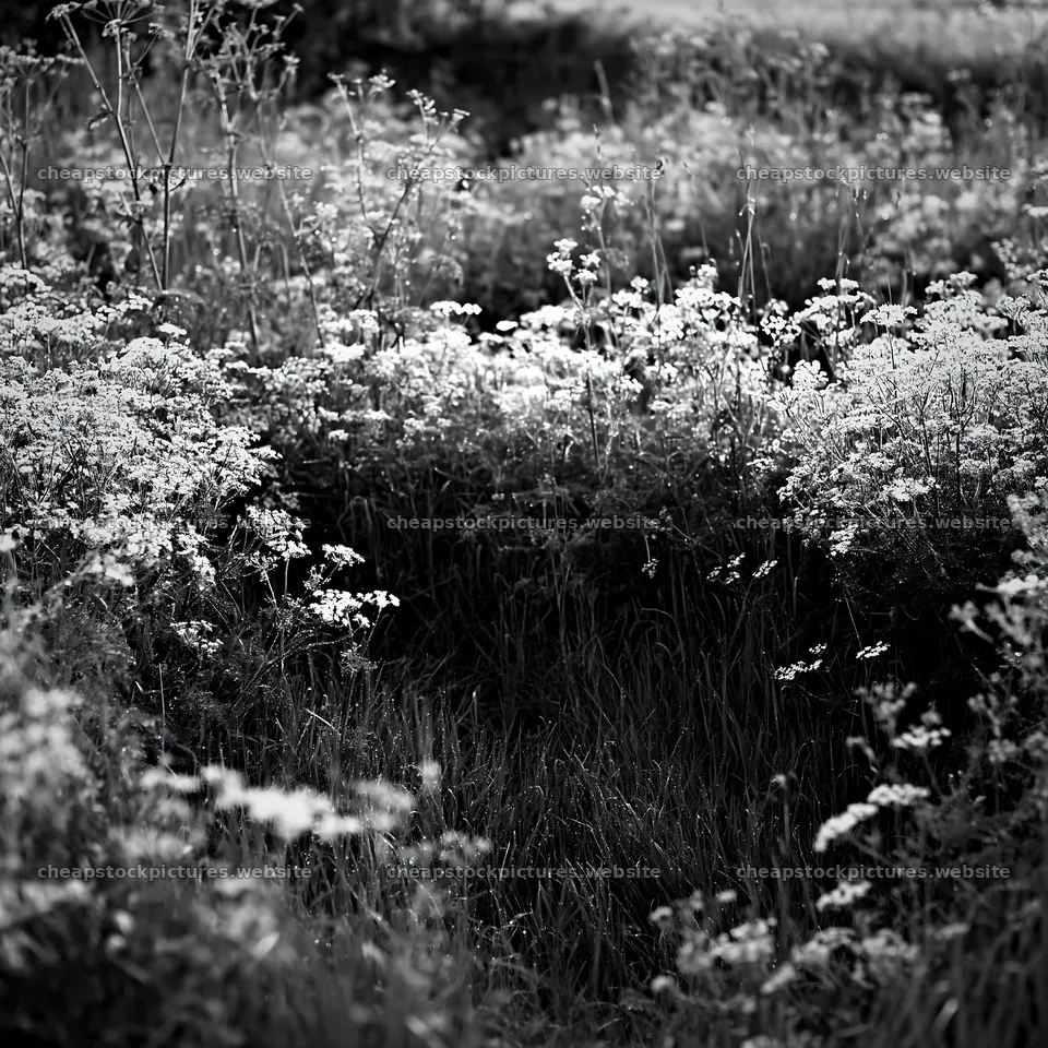 Cow parsley meadow with a natural path through the flowers – stock pictures 7938x7938