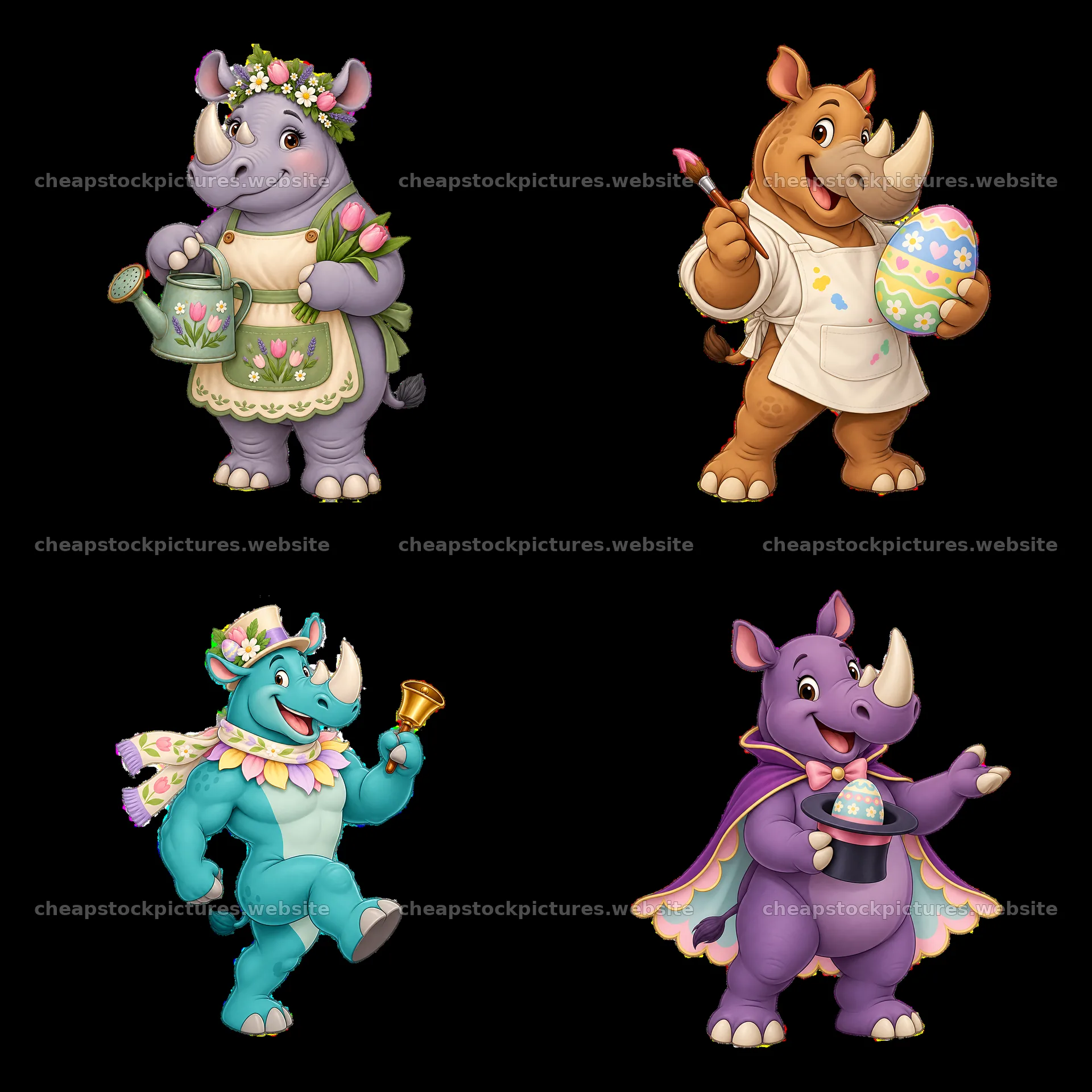 Easter rhinoceroses celebrating with flowers, paint, and gifts – stock pictures 7746x7746
