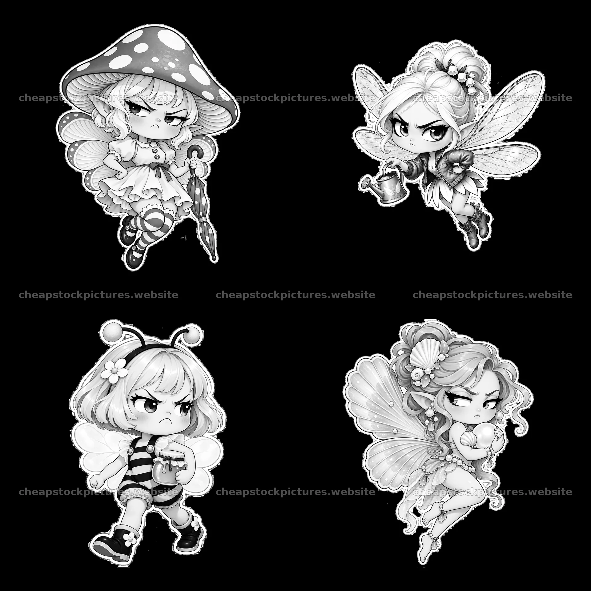 Kawaii grumpy fairy cartoon stickers in a 2x2 layout – stock pictures 7746x7746