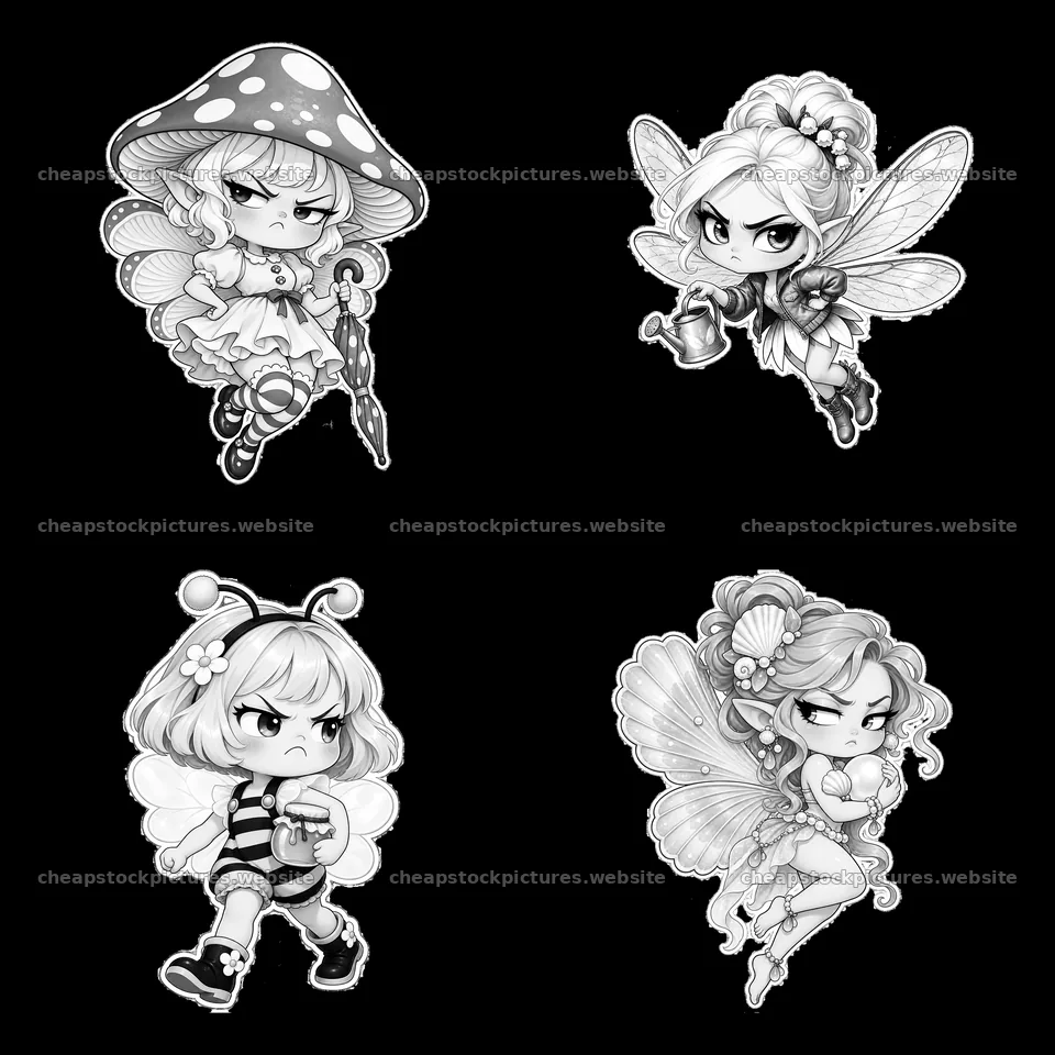 Kawaii grumpy fairy cartoon stickers in a 2x2 layout – stock pictures 7746x7746