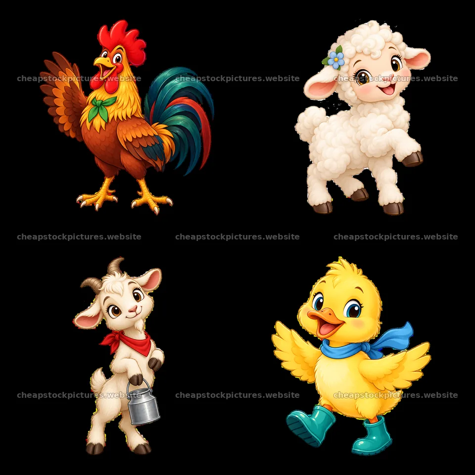 Farm animal cartoon stickers featuring a rooster, lamb, goat, and – stock pictures 7746x7746