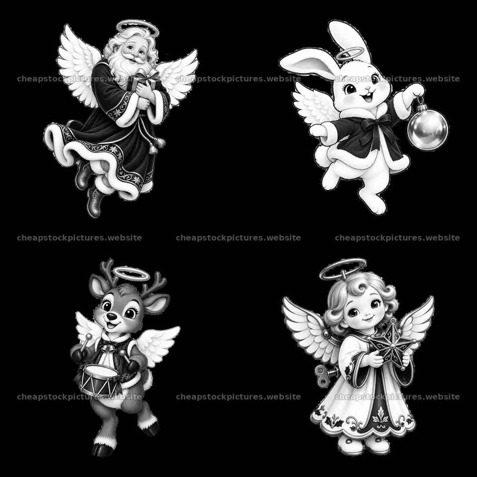 Christmas angel characters with animal companions in a grid – stock pictures 7746x7746