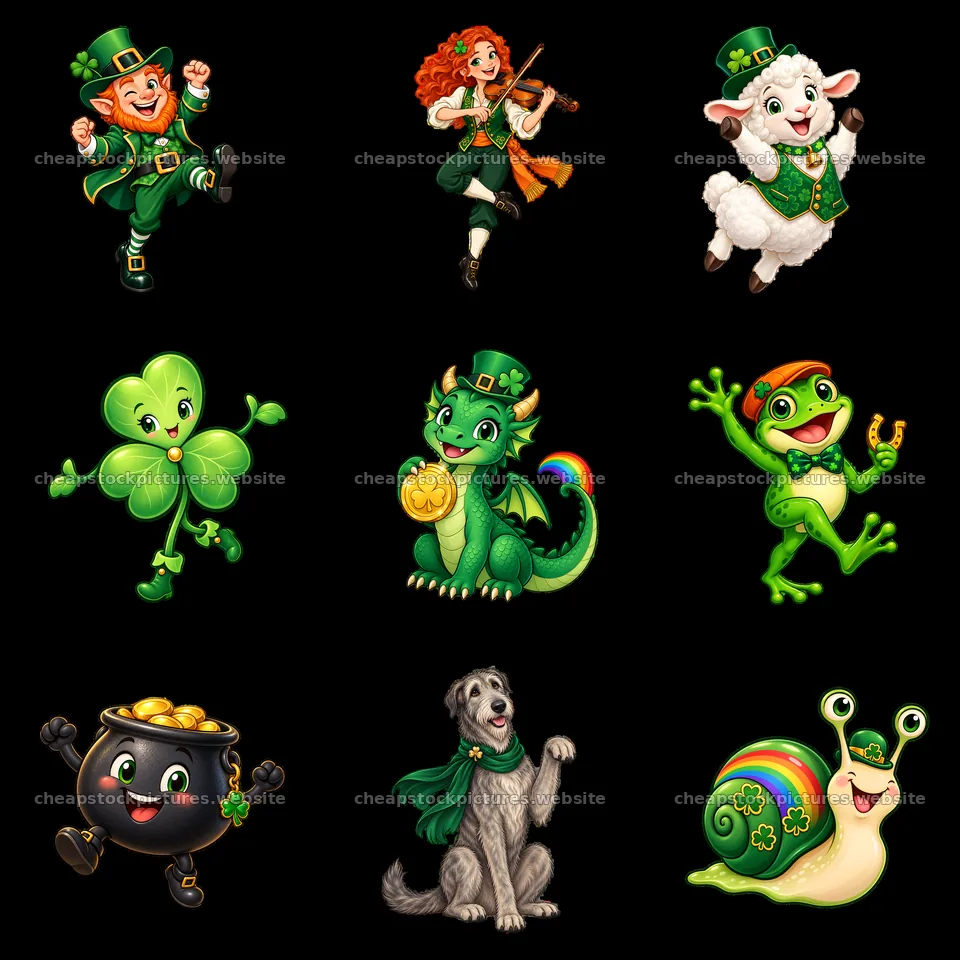 Nine stickers show festive characters for St – stock pictures 7746x7746