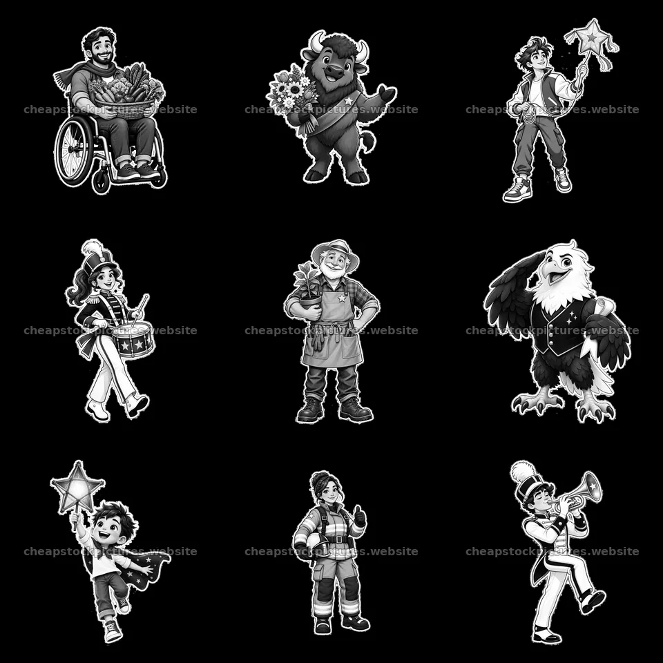 Cartoon stickers of diverse characters in a 3x3 layout – stock pictures 7746x7746