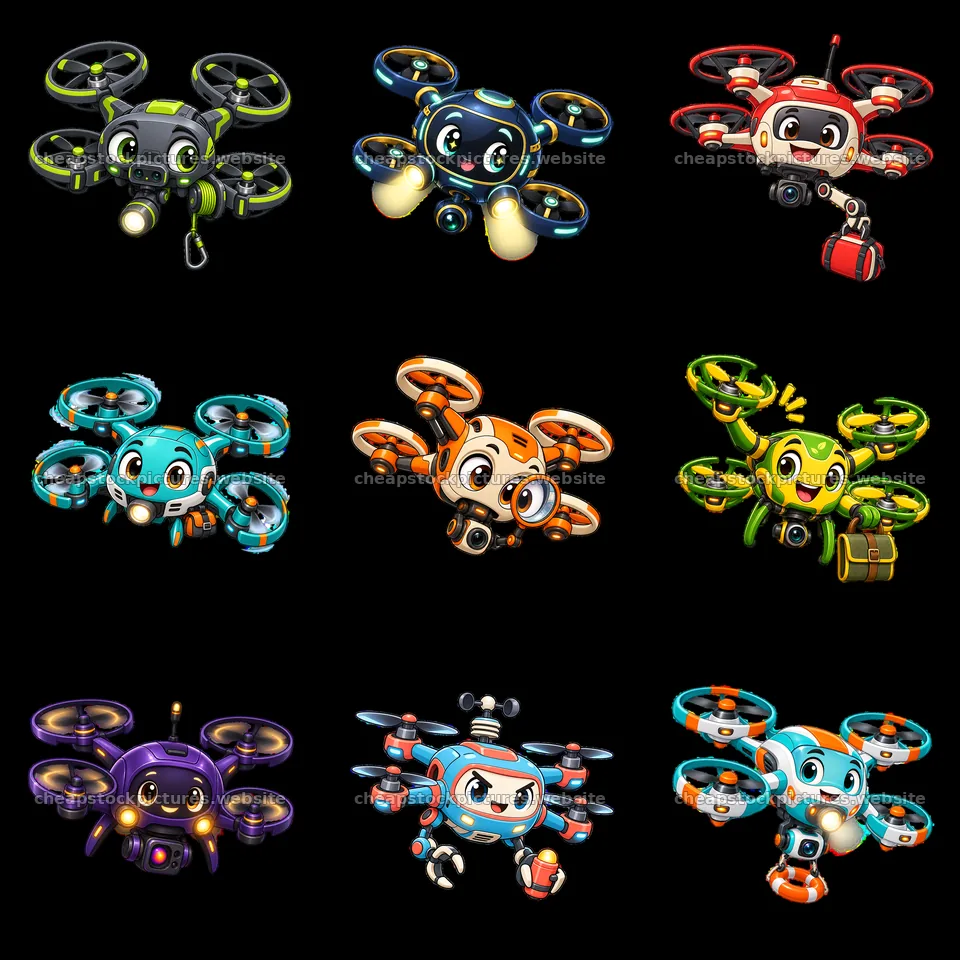 Colorful cartoon drones with various accessories in a grid layout – stock pictures 7746x7746