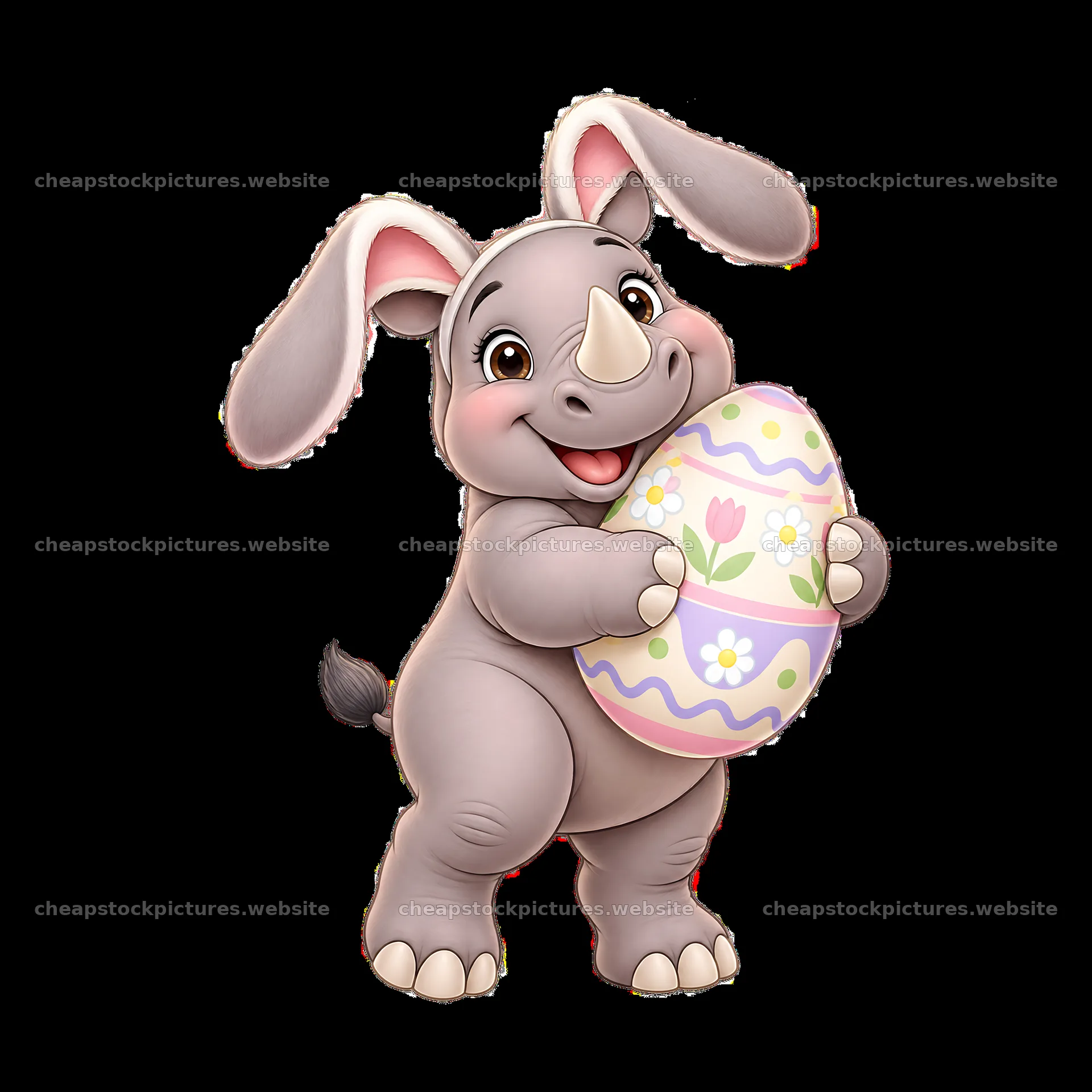 Easter rhinoceros holding a decorated egg and smiling – stock pictures 7746x7746