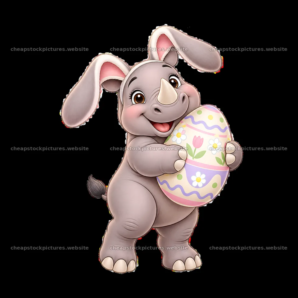 Easter rhinoceros holding a decorated egg and smiling – stock pictures 7746x7746