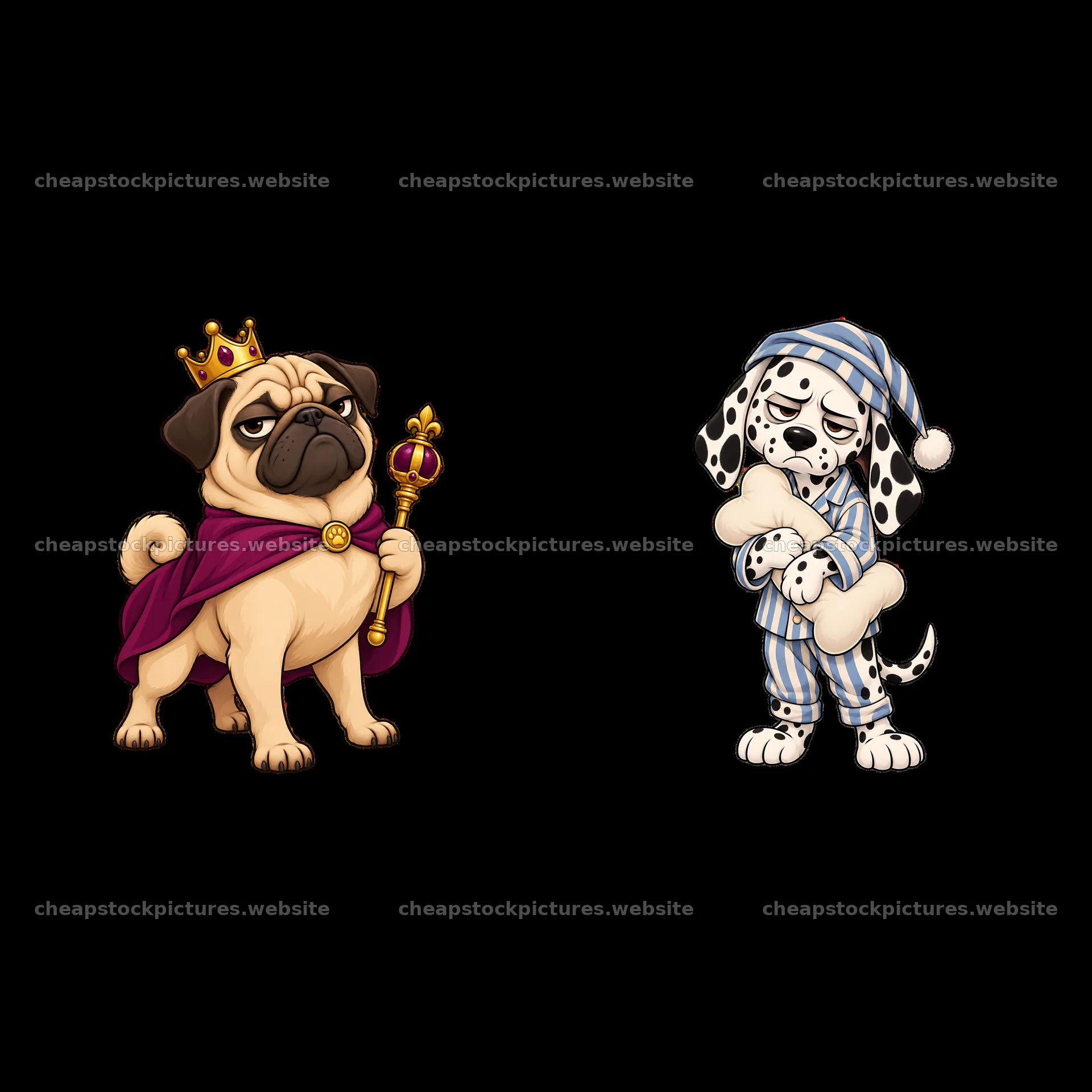 Grumpy dog duo with a crowned pug and a pajama-clad Dalmatian – stock pictures 7746x7746