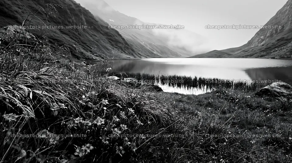 Swiss meadow beside alpine lake with fog and plants – stock pictures 10608x5938