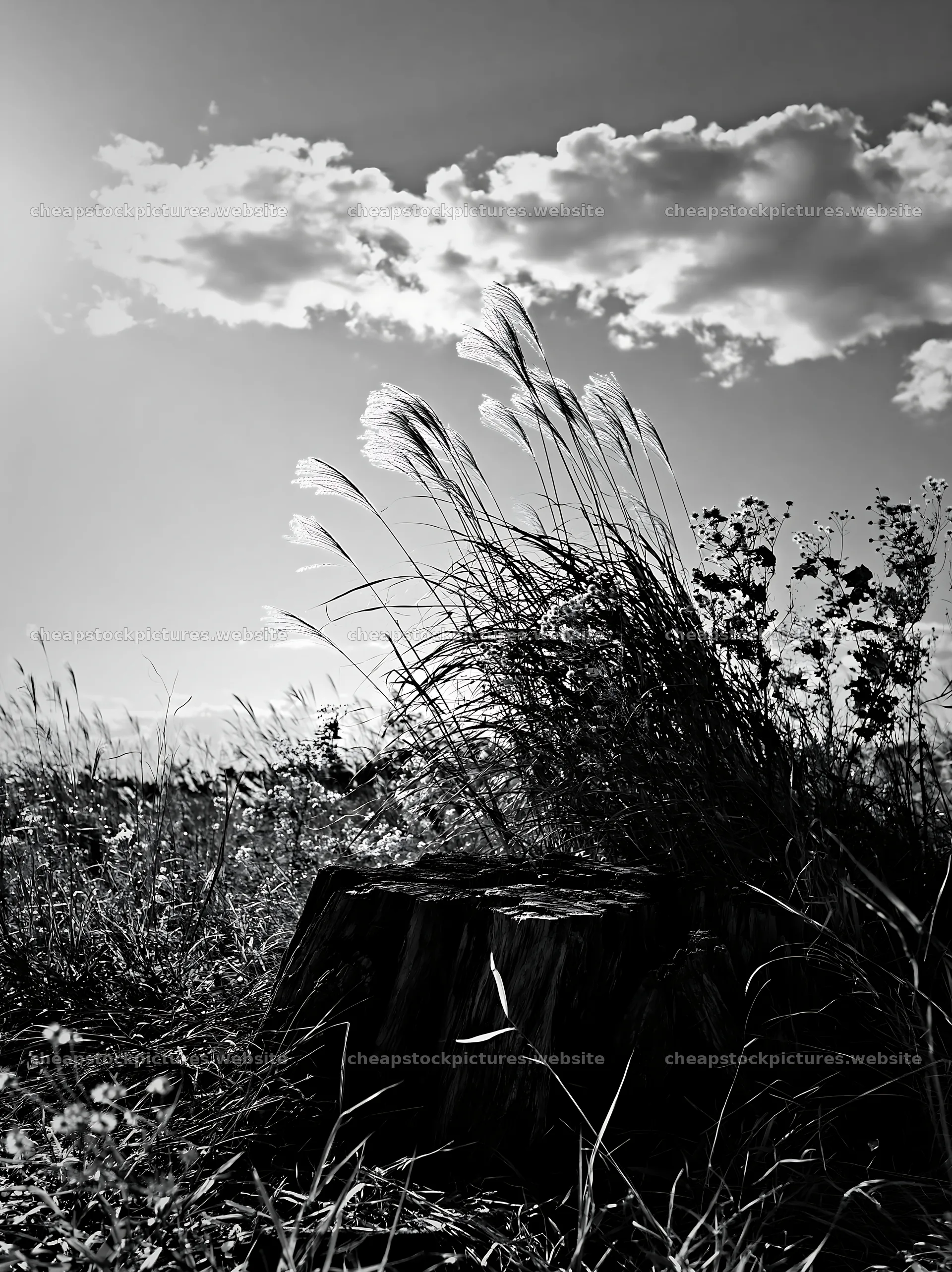 Fukushima native meadow with weathered stump under blue sky – stock pictures 6866x9174
