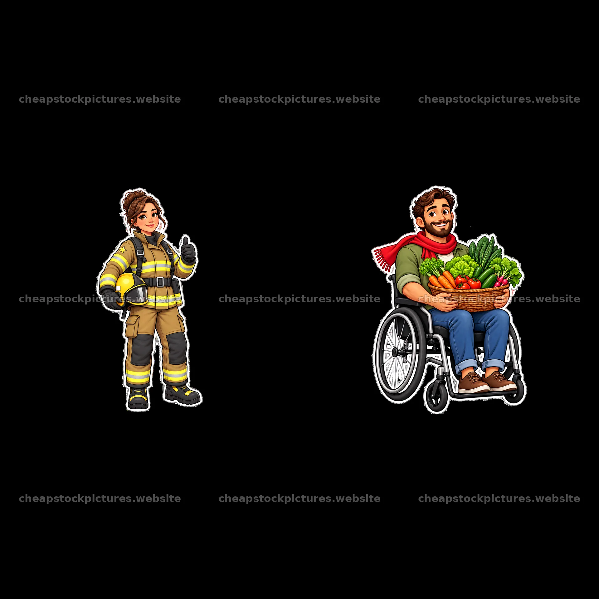Firefighter and wheelchair user with produce basket sticker pair – stock pictures 7746x7746