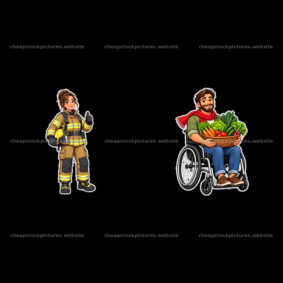Firefighter and wheelchair user with produce basket sticker pair – stock pictures 7746x7746